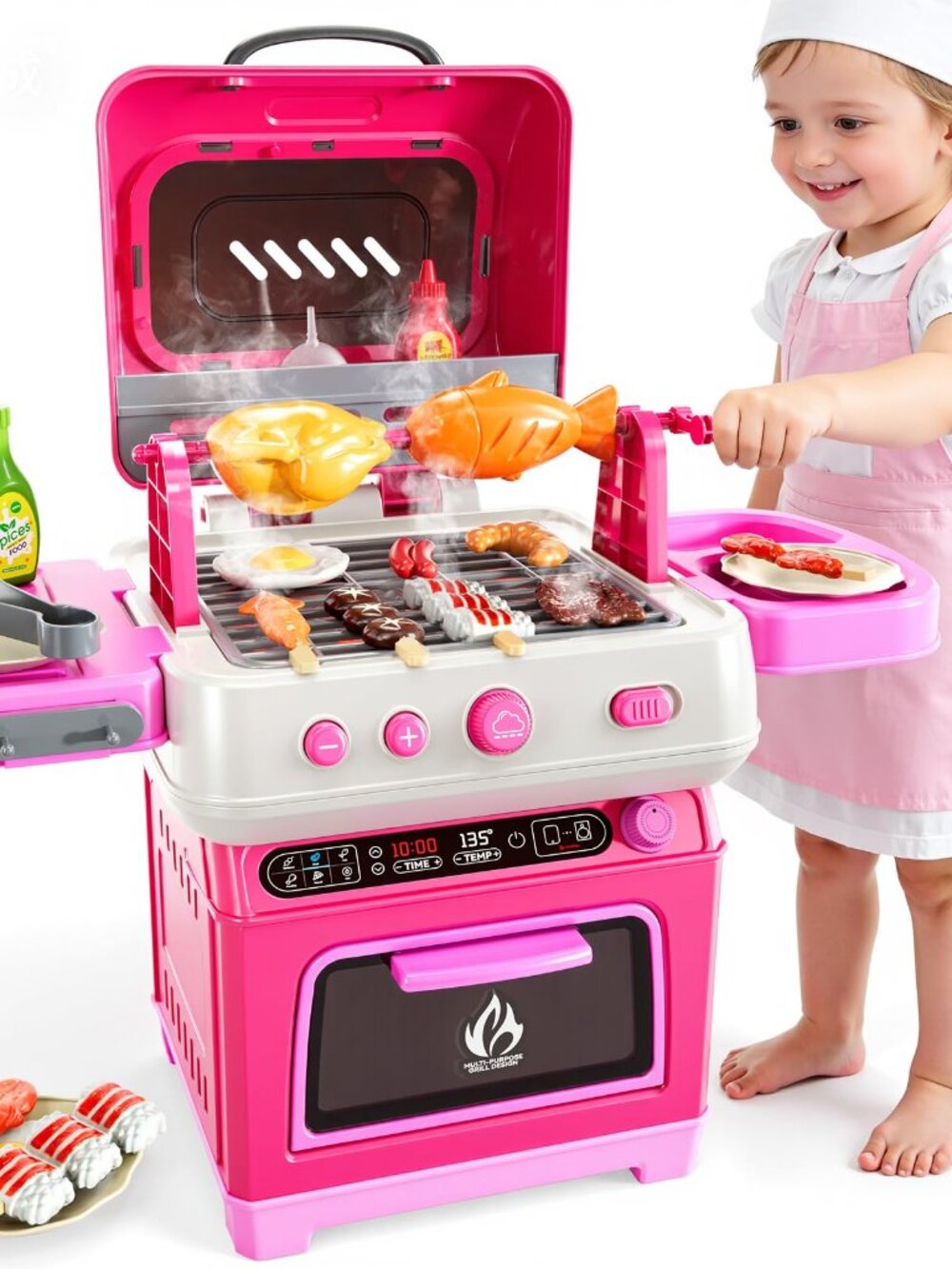 Kids BBQ Grill Playset 2-Layer Oven Smoke Light Sound Toddler Ages 3-8